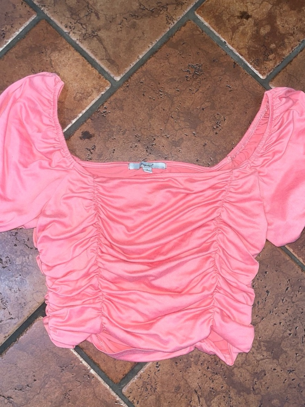 Papaya Coral Pink Ruched Crop Top with Puff Sleeves